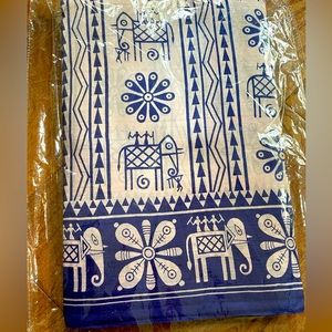 Brand New Off White & Ink Blue Pure Murshidabad Silk Saree Floral/Animal Print